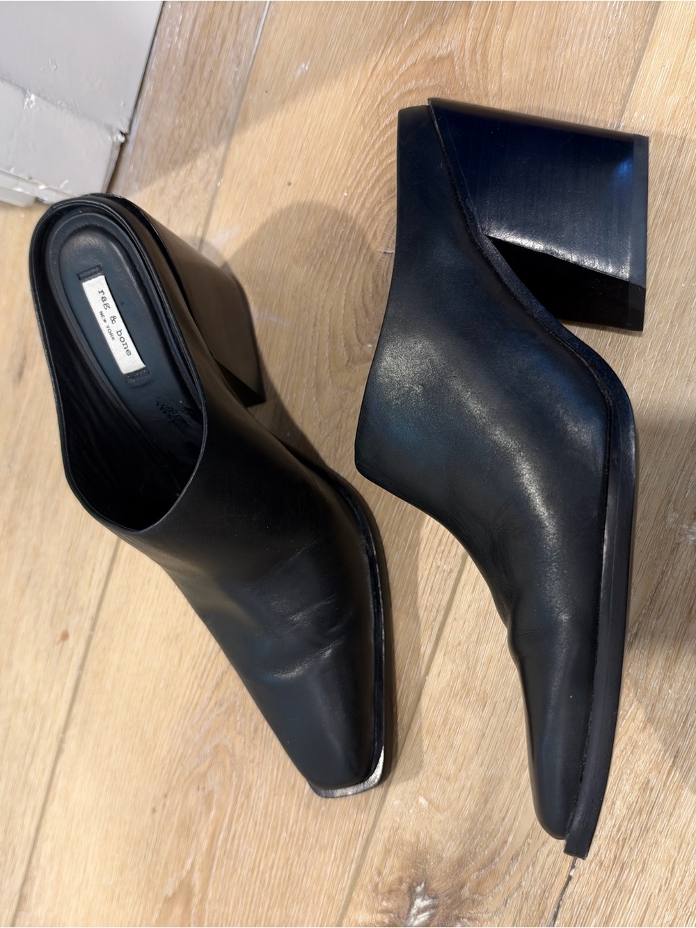 Black Leather Block Heel Mules